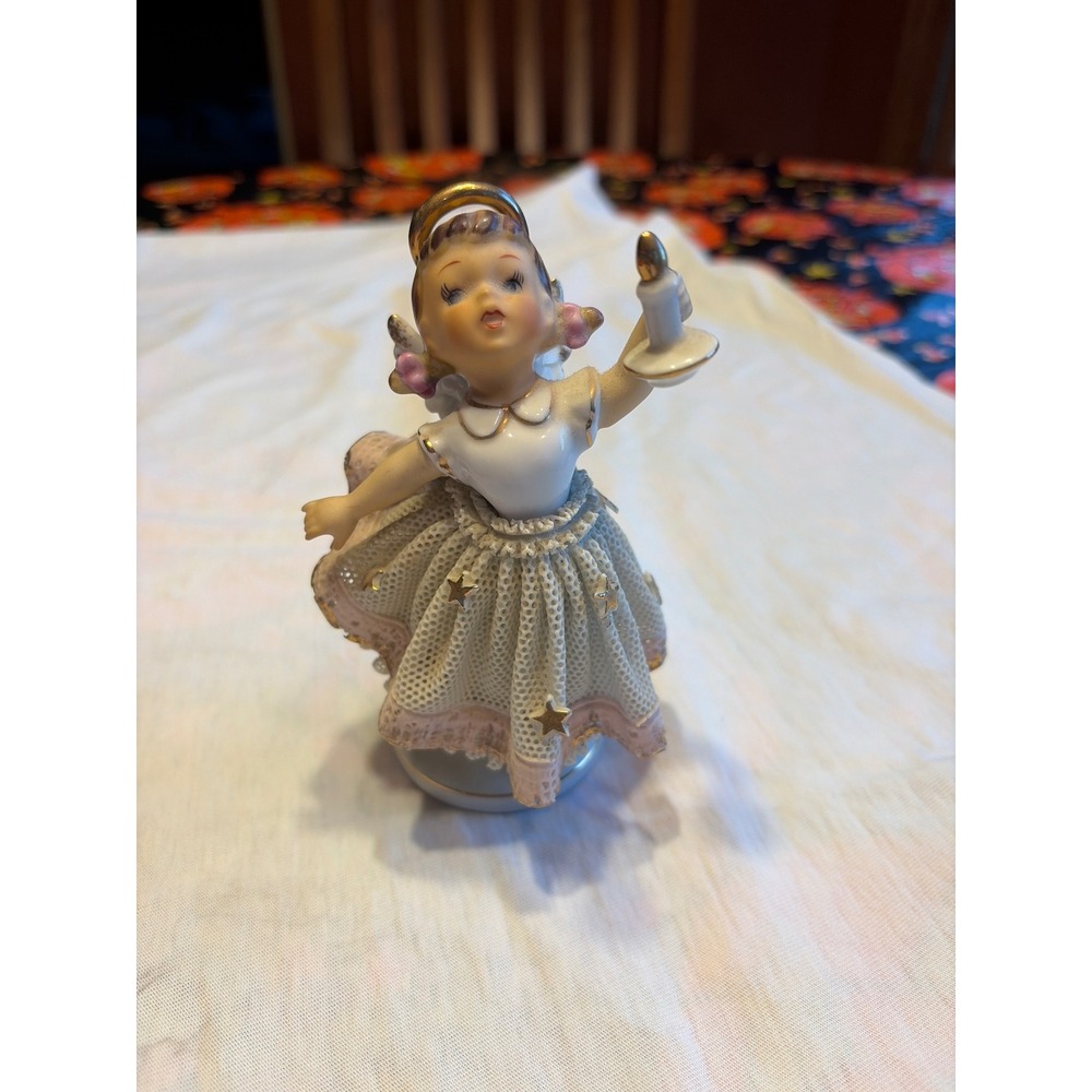 Vintage Geo Z Lefton Angel Figurine 1755 Spaghetti Lace Skirt Gold Stars Candle